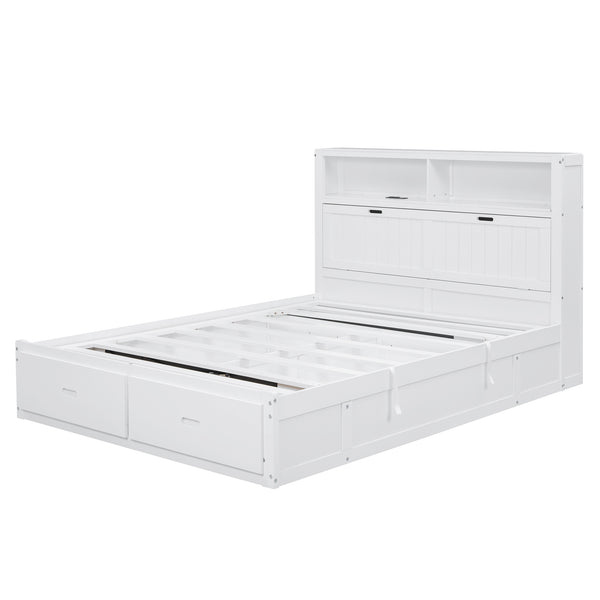 English Elm Wood Queen Size Hydraulic Platform Bed with LED Headboard, Charging Station, Hidden Storage Drawers and Shelves White GX000372AAK