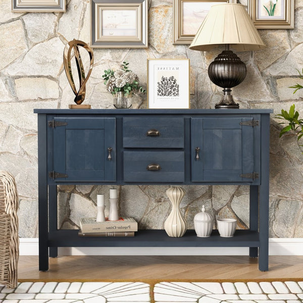 English Elm 46'' Solid Pine Retro Buffet Server with Iron Hardware Drawers Cabinets and Open Shelf Navy Blue W1202P457252