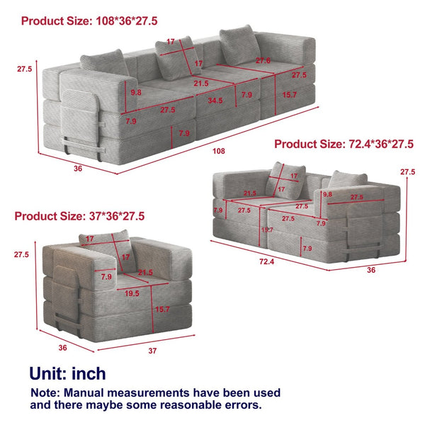 English Elm 6 Seater Corduroy Floor Sofa Bed with Storage Pockets and High Density Foam Cushions W3505S00020