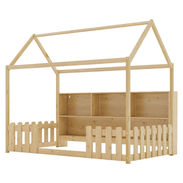 English Elm Twin House Bed with LED Light and Built-In Bookshelf, Solid Wood Playhouse Design for Kids Safety Natural 78.15 L x 15.75 W x 6.1 H W2593P269092