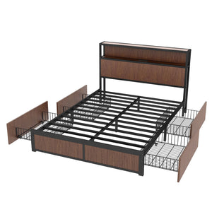 English Elm Large Walnut French Bed Frame with 8 Extra-Large Drawers, Reinforced Iron Support, USB Socket W1858P336607