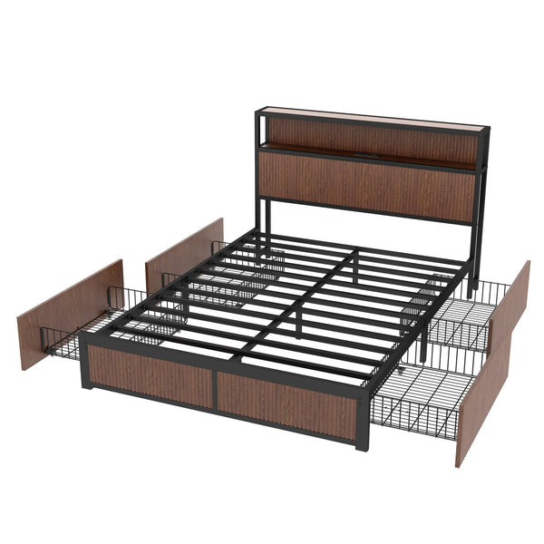 English Elm Large Walnut French Bed Frame with 8 Extra-Large Drawers, Reinforced Iron Support, USB Socket W1858P336607