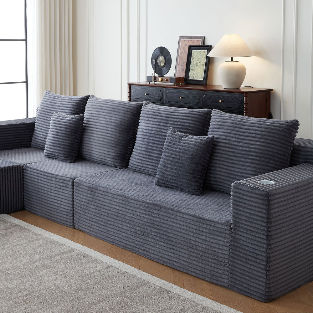 English Elm Deep Corduroy Modular Cloud Couch With Cup Holders – Effortless Comfort, Stylish Design & No Assembly! W848S00054