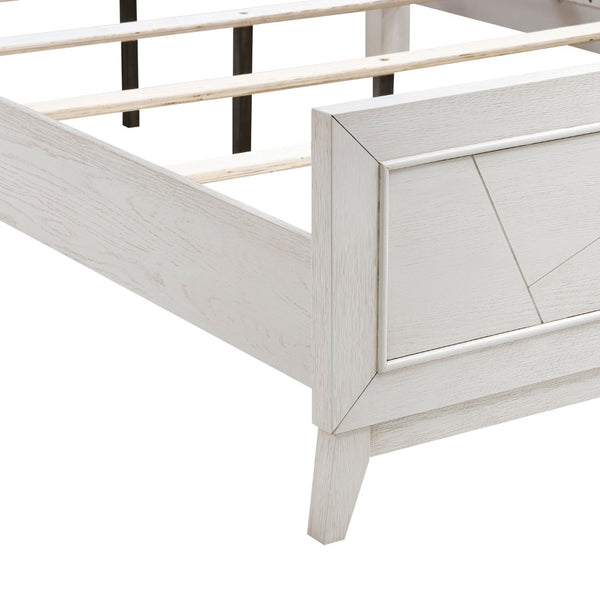 English Elm Antique White Oak Queen Bed Ivory Chenille Headboard Led Glow Geometric Modern B011S01615