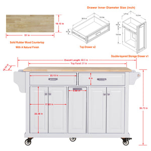 English Elm Kitchen Island Rubber Wood Countertop Mobile Cart with Towel & Spice Racks, Drawers, Storage Wheels White W914P147990