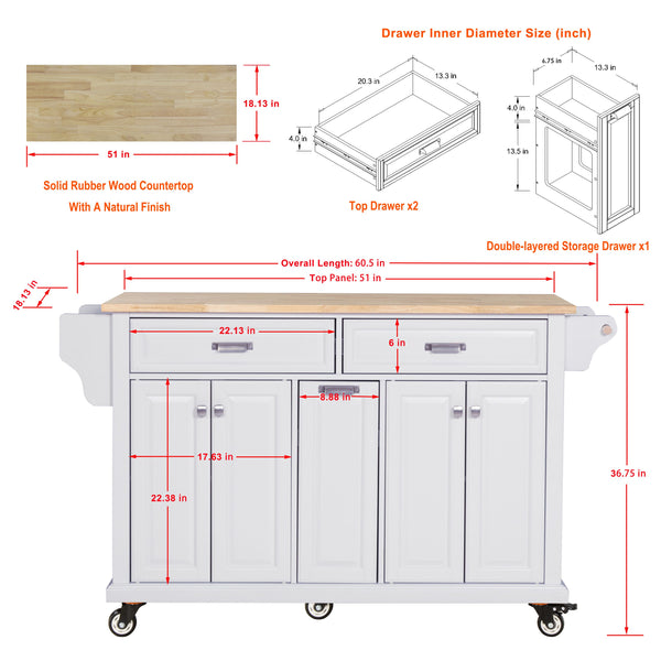 English Elm Kitchen Island Rubber Wood Countertop Mobile Cart with Towel & Spice Racks, Drawers, Storage Wheels White W914P147990