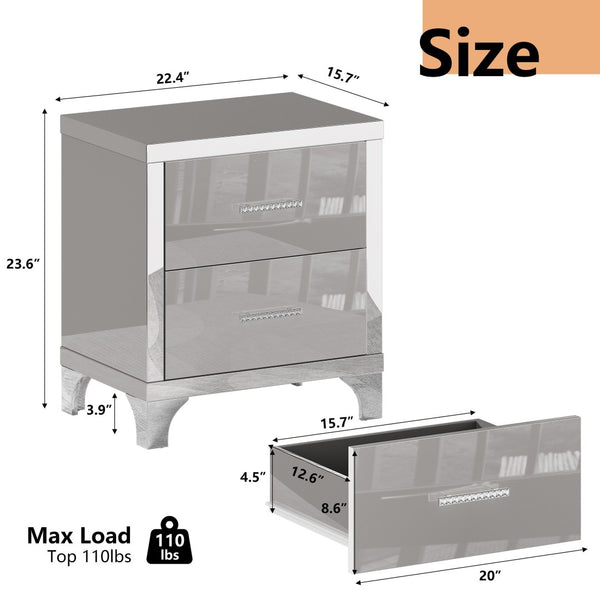 English Elm High Gloss Mirrored 2 Drawer Nightstand Slim Metal Legs Modern Bedroom Side Table Grey W5271P416536