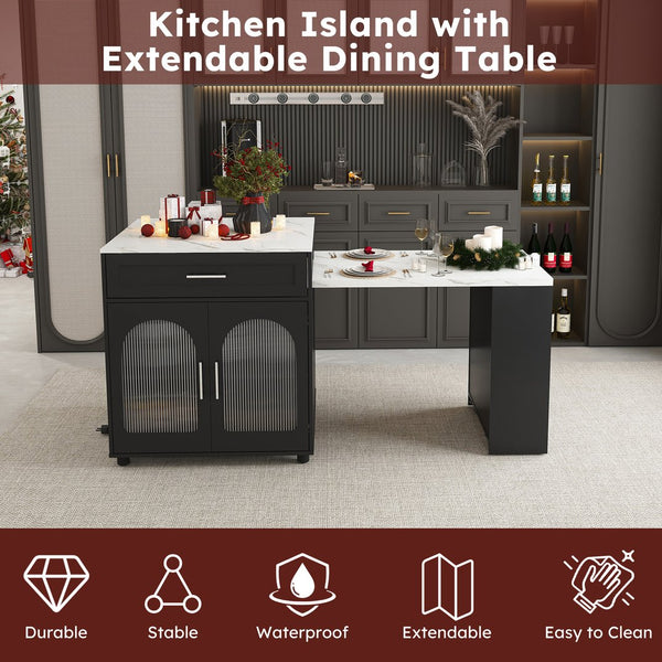 English Elm 80-inch Expandable Kitchen Island with Charging Station, Solid Wood-Grain Top, Mobile Storage Cart Black W2700S00075