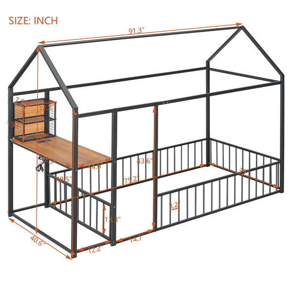 English Elm Twin House Bed Frame with Roof & Fence, Metal Twin Loft with Built-In Desk Shelves USB Outlets Black N737P173490B