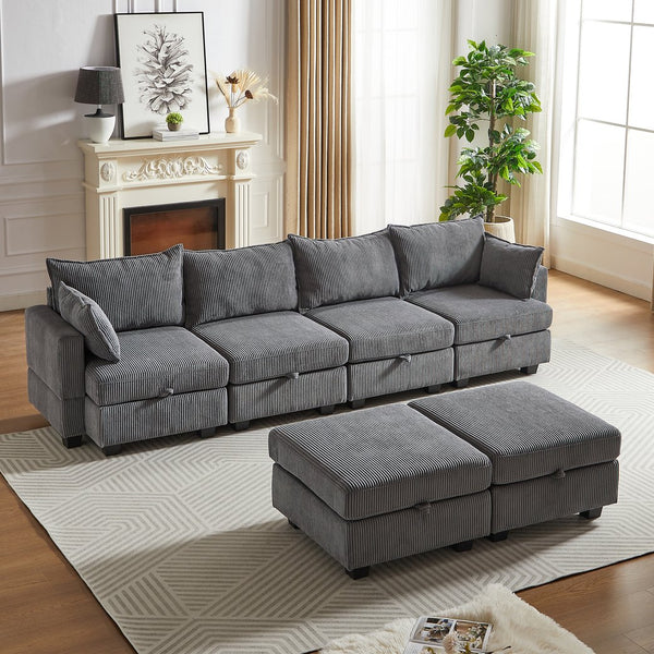 English Elm 113.5'' Modular Sectional Sofa with Storage Ottoman, Convertible U or L Shape Sleeper for 6 Seats Dark Gray W834S00252
