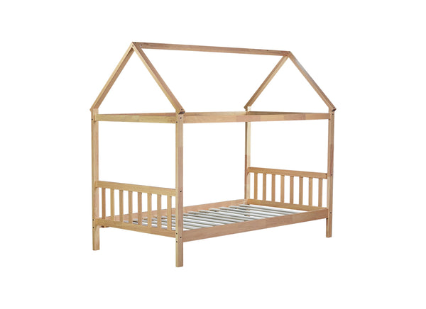 English Elm Twin House Bed with Headboard and Footboard — Space-Saving Rubberwood Frame, Playful Architectural Design White Oak W504P225961