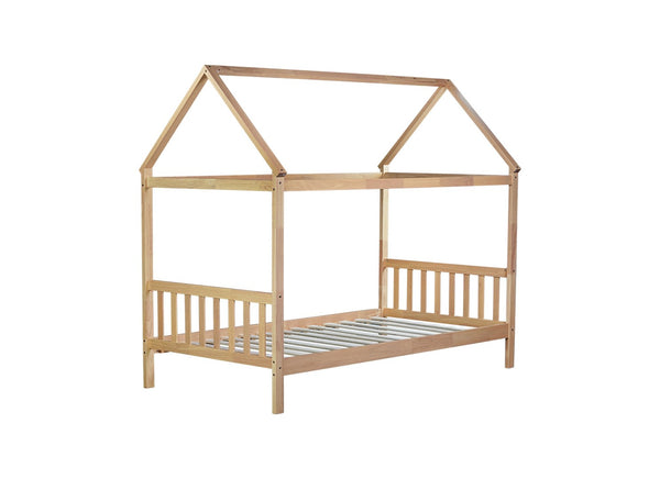 English Elm Twin House Frame Bed Solid Rubberwood Pitched Roof Headboard Kids Room White Oak W504P360081