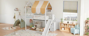 English Elm Full Size Wood Loft Bed with Canopy Slide and Built in Bookshelves for Kids White N7090005021K