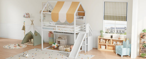 English Elm Full Size Wood Loft Bed with Canopy Slide and Built in Bookshelves for Kids White N7090005021K