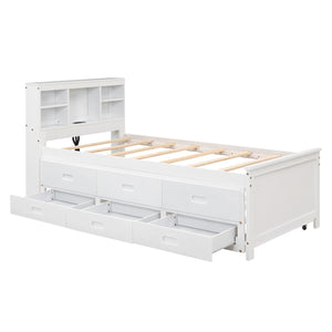 English Elm Twin Platform Bed with Storage Headboard, Pull-Out Trundle & 3 Drawers, USB Ports, Solid Wood Durability White GX000715AAK
