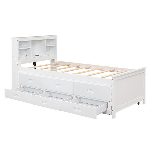 English Elm Twin Platform Bed with Storage Headboard, Pull-Out Trundle & 3 Drawers, USB Ports, Solid Wood Durability White GX000715AAK