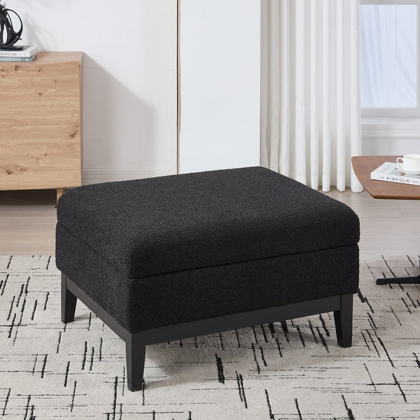 English Elm 33.86"W Upholstered Storage Ottoman With Reversible Lid – Versatile Coffee Table & Footrest In Black Boucle W3118P283466