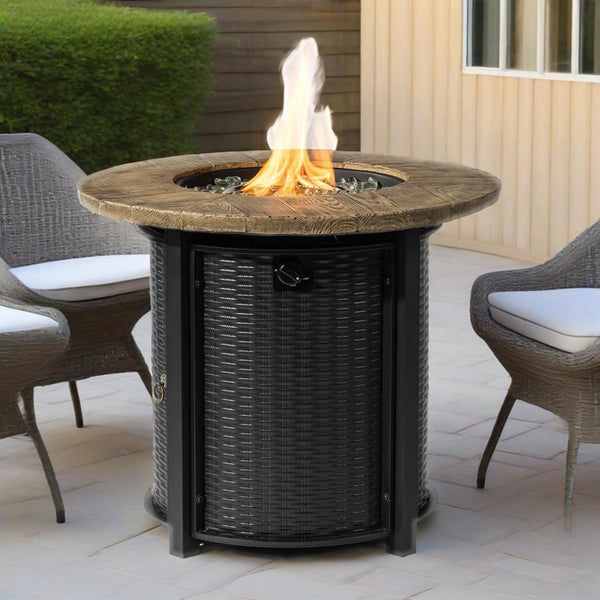 English Elm 30" 50000BTU Propane Fire Pit Table with Faux Wood Grain Top, Stainless Burner, Glass Rocks, Black W853P194144