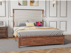 English Elm Queen Size Bed Frame with Upholstered Headboard, LED Lighting & USB Charging, Rivet Trim, No Box Spring Needed Beige W636P176805