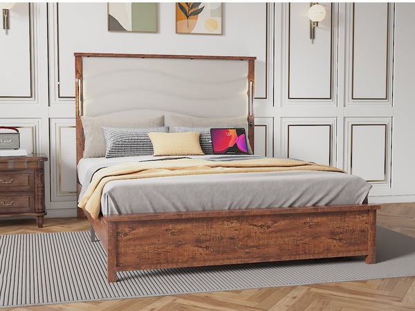 English Elm Queen Size Bed Frame with Upholstered Headboard, LED Lighting & USB Charging, Rivet Trim, No Box Spring Needed Beige W636P176805