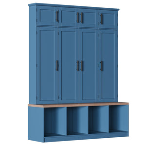 English Elm Farmhouse Hall Tree with Triple Arch Back Panel Eight Hooks Drawers and Entryway Bench Blue N721S000059C-1