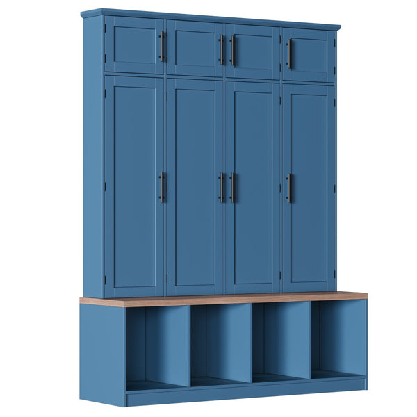 English Elm Farmhouse Hall Tree with Triple Arch Back Panel Eight Hooks Drawers and Entryway Bench Blue N721S000059C-1