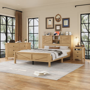 English Elm 3-Pieces Bedroom Set Full Size Farmhouse Platform Bed with Storage Headboard, Nightstand & Dresser Natural 46.25 L x 9.25 W x 9 H N733S369037M