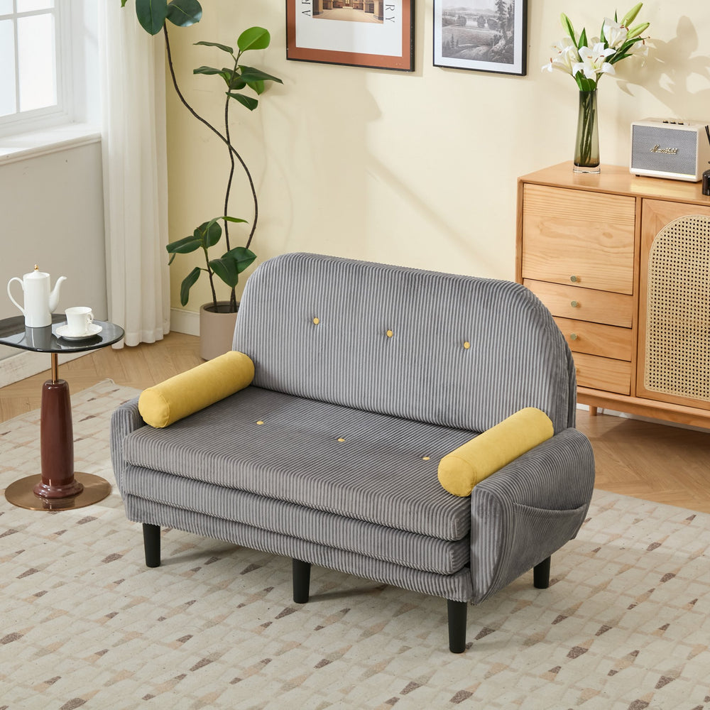English Elm Gray corduroy loveseat daybed recliner with adjustable back, storage pocket, USB armrest charger, two pillows W570P333063