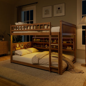 English Elm Full Over Bunk Bed with Led Lighting Pegboard Shelving and Pine Wood Frame Brown LT000278AAP