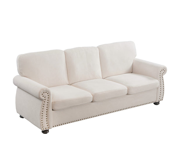 English Elm Soft Velvet Sofa - Luxurious 3-Seater Velvet Couch with High-Density Foam, Turned Wood Legs, Chic Lounge Cozy Modern Design Ivory B2735P292318