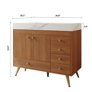 English Elm 36" Freestanding Bathroom Vanity Sintered Stone Top Ceramic Sink Stainless Steel Legs Gold,Walnut,White W3136S00070