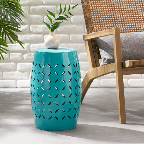 English Elm Christopher Knight Home® - LILAC Sculptural 12" Cylindrical Accent Side Table with Laser-Cut Iron Floral Design, Weather-Resistant Finish Teal N770P365805T
