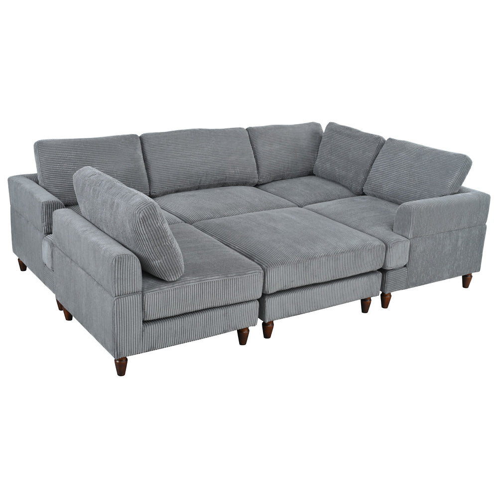 English Elm U_Style Modular Sectional Sofa with Ottoman — Spacious 5-6 Seater L-Shaped Corner Sofa, Plywood Frame, Durable Polyester Upholstery Gray WY000421AAE