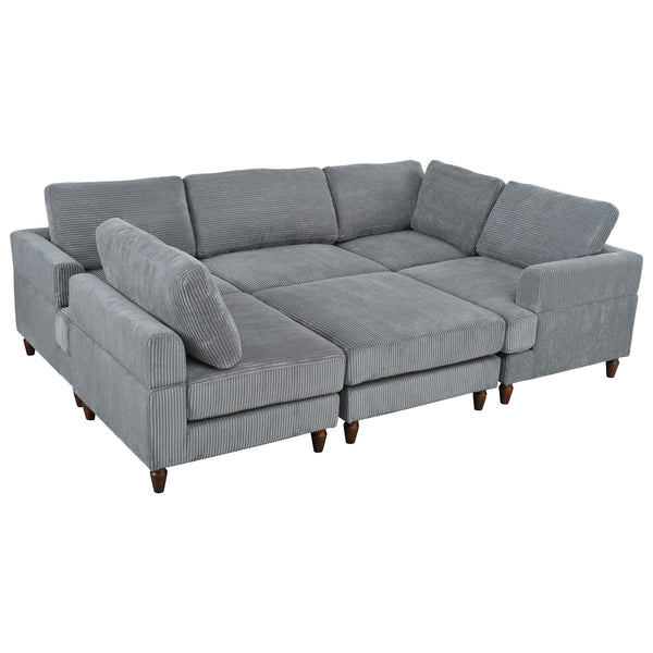 English Elm U_Style Modular Sectional Sofa with Ottoman — Spacious 5-6 Seater L-Shaped Corner Sofa, Plywood Frame, Durable Polyester Upholstery Gray WY000421AAE