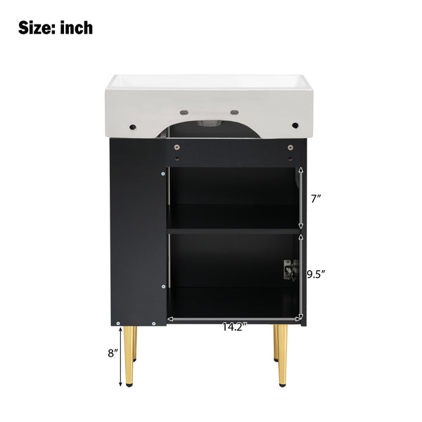 English Elm 21.6" Black Modern Bathroom Vanity with Ceramic Sink, Right Side Storage, Gold Legs & Soft-Close Doors SV000006AAB