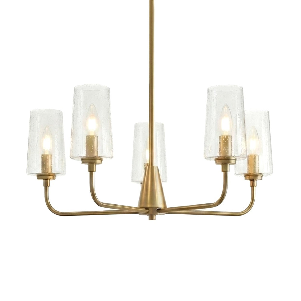 English Elm Dazzle Five Light Satin Brass Chandelier Seeded Glass Shades Warm Dining Room Glow B183P231772