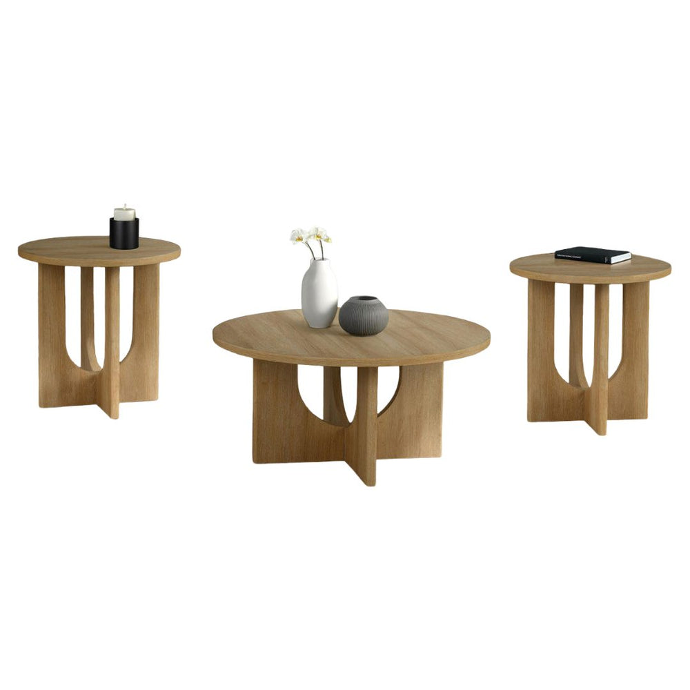 English Elm Contemporary 3-Piece Table Set: Round Coffee & End Tables With Cross-Arch Base In Natural Finish B2741P395117