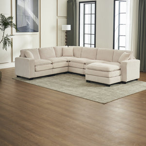 English Elm Modern U Shaped 6-Seat Sectional Sofa with Ottoman and 3 Toss Pillows, Corduroy Modular Comfort and Durable Frame White W2363S00039