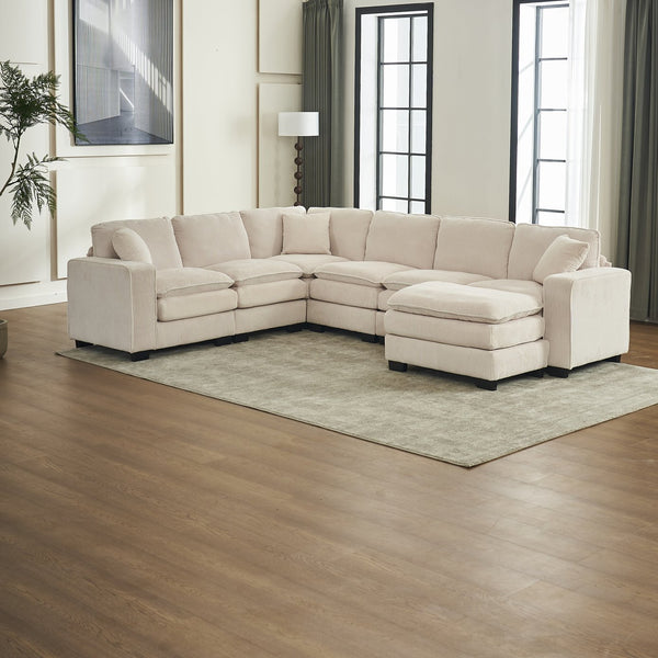 English Elm Modern U Shaped 6-Seat Sectional Sofa with Ottoman and 3 Toss Pillows, Corduroy Modular Comfort and Durable Frame White W2363S00039