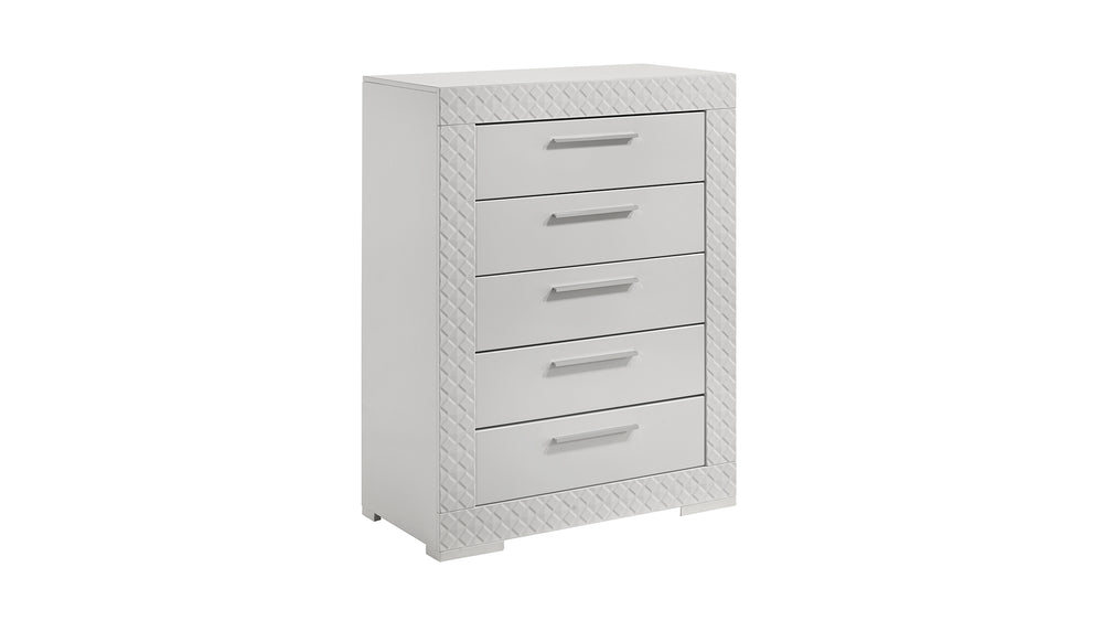 English Elm Blanca Modern 5-Drawer Chest In White Lacquer With Quilted Panels For Stylish Bedroom Storage Solutions B009P243272