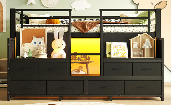 English Elm Twin Low Loft Bed with Shelves Fabric Drawers and Under Bed Study Nook Metal Frame Black W5305S00043