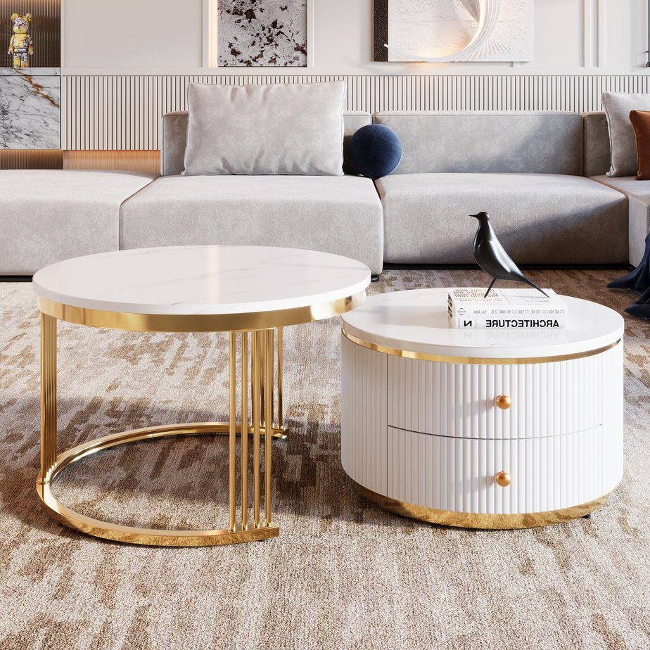 English Elm Modern 2 Pieces White Round Nesting Coffee Table Set with Drawers, Glossy MDF Tops & Gold Legs — Space-Saving Chic WF325924AAK