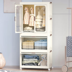 English Elm Portable Kids Wardrobe Cabinet with Magnetic Doors Hanging Rod and Four Cube Storage W2699P210481