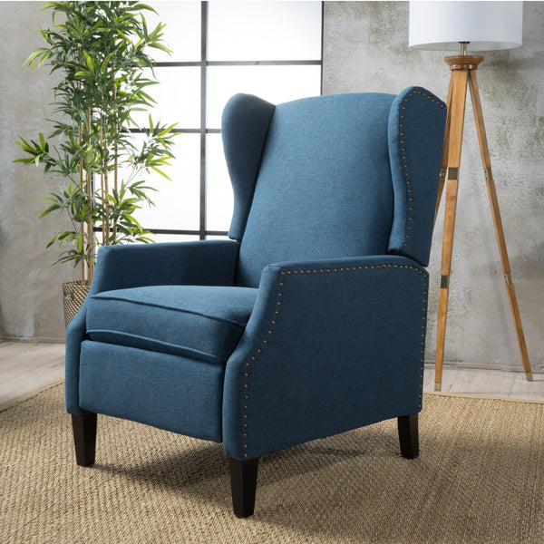 English Elm Christopher Knight Home® - Pushback Recliner Chair with Nailhead Trim and Wingback Design, Plush Fabric Comfort for Living Rooms Navy Blue 60760.00DBL