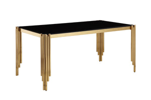 English Elm 65" Tempered Glass Dining Table with Sleek Black Top and Polished Gold Legs for Modern Homes Golden Black W1567S00015
