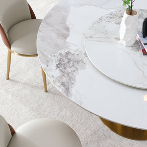 English Elm Modern Marble Dining Table - 59" Round Sintered Stone With 360° Lazy Susan For Chic Dining Spaces W2699S00014