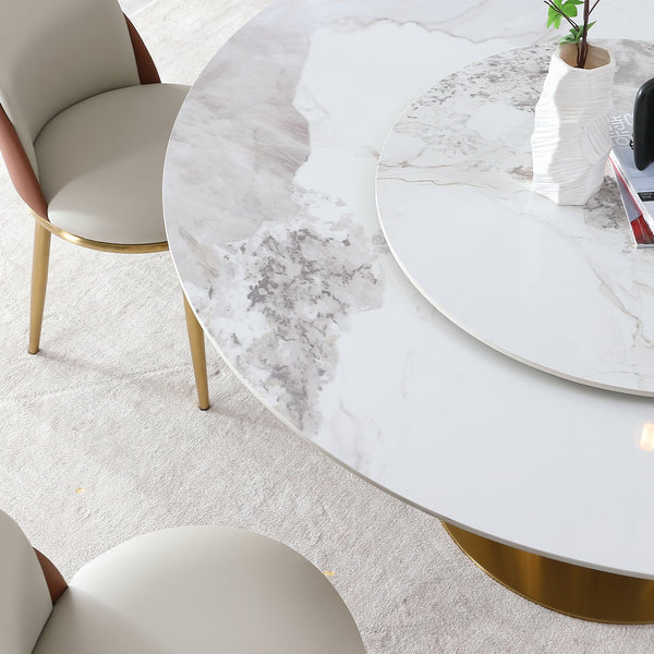 English Elm Modern Marble Dining Table - 59" Round Sintered Stone With 360° Lazy Susan For Chic Dining Spaces W2699S00014