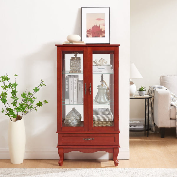 English Elm Lighted Curio Display Cabinet With Adjustable Glass Shelves, 2 Doors, & Drawer - Cherry Finish Elegance W2275P178823