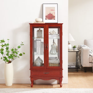 English Elm Lighted Glass Cabinet Glass Wine Cabinet Curio Display Cabinet With Adjustable Glass Shelves 2 Doors and 1 Drawer Cabinet Bulb Included Cherry