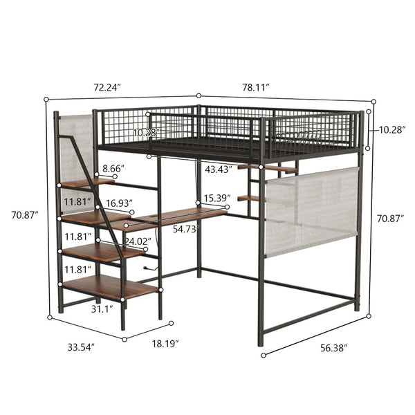 English Elm Black Metal Loft Bed with Built-in Desk Rgb Led Lighting and Charging Station Black W1671S00006